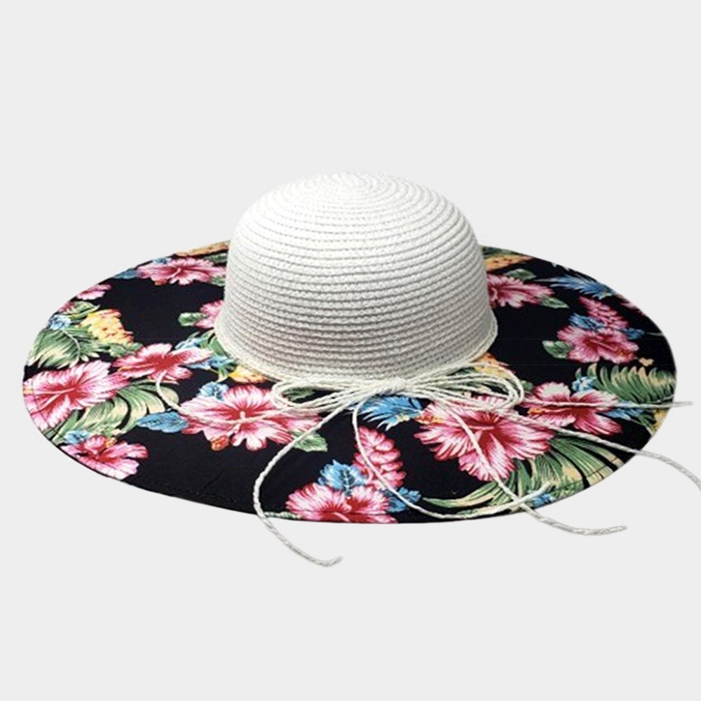 White Tropical Flower Floppy Straw Sun Hat Brim Womens Beach Vacation Accessory
